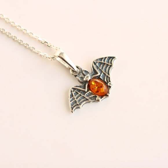 Baltic Amber Tiny Bat Necklace in 925 Sterling Silver - Picture 1 of 6